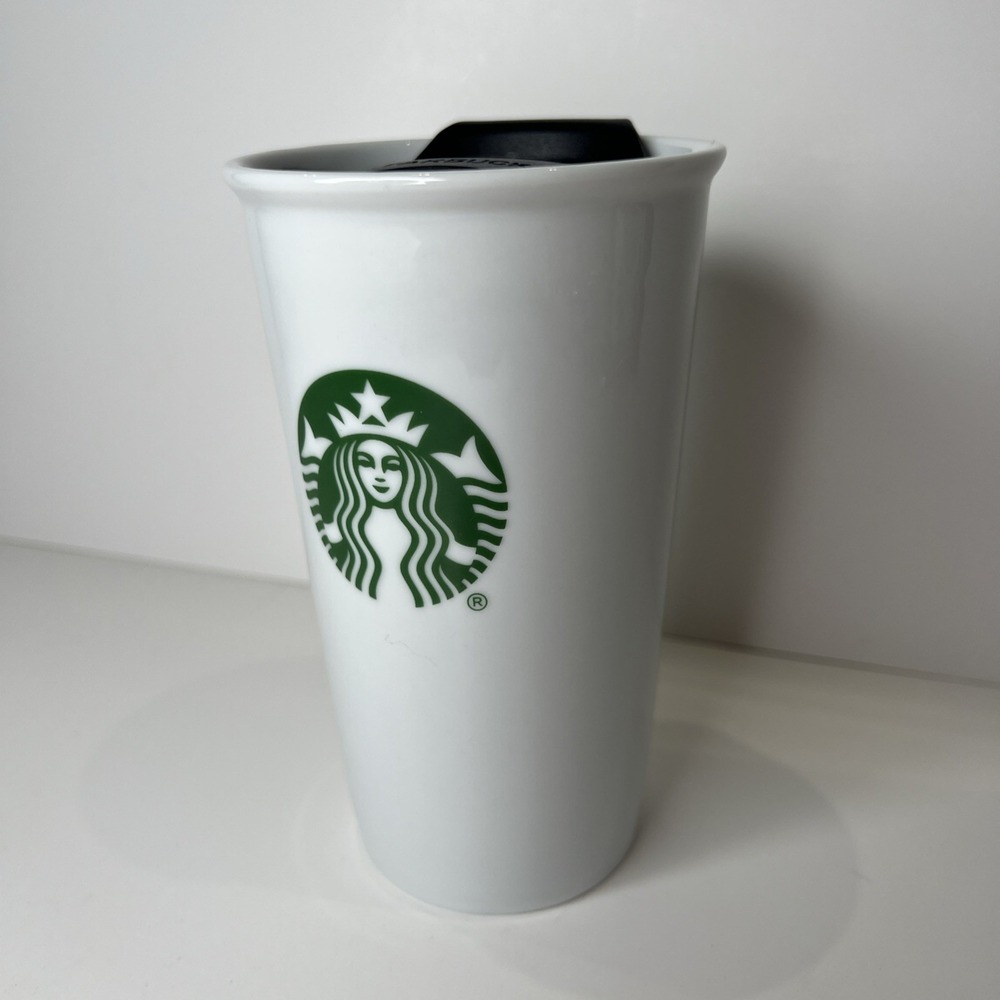 Starbucks White Ceramic Tall Coffee Travel Cup Mug Tumbler 10 oz w/ Lid Mermaid - Picture 4 of 6